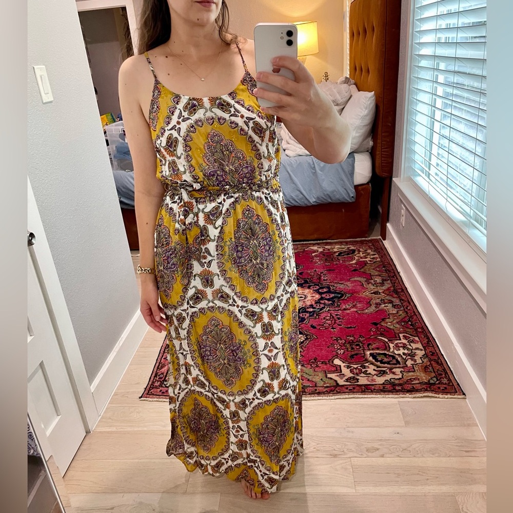 Anthropologie Yellow/Gold/Purple Dress Size M